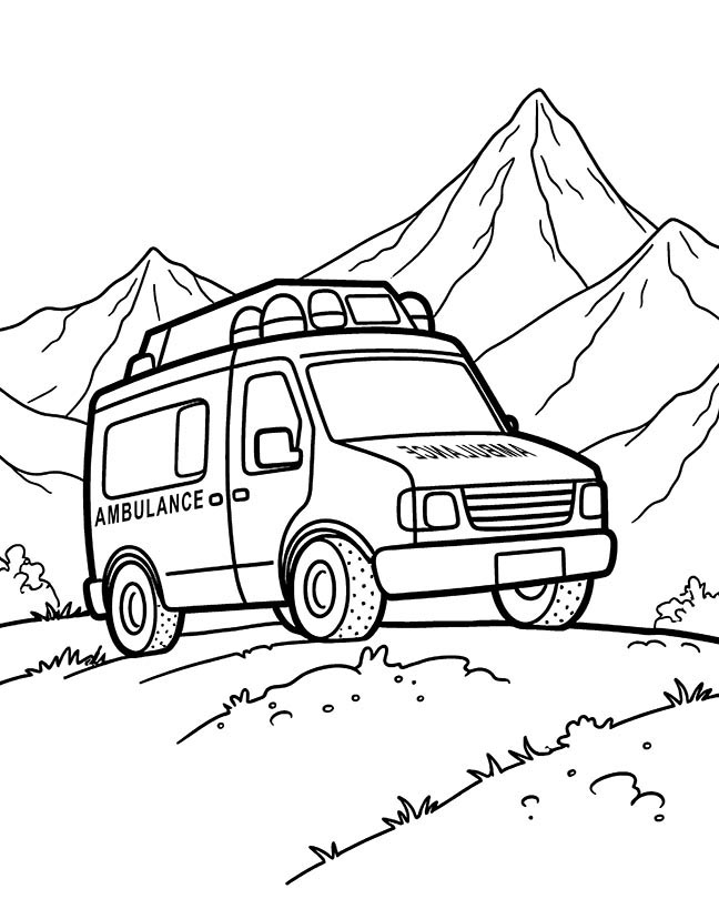 Ambulance on a mountain rescue coloring page